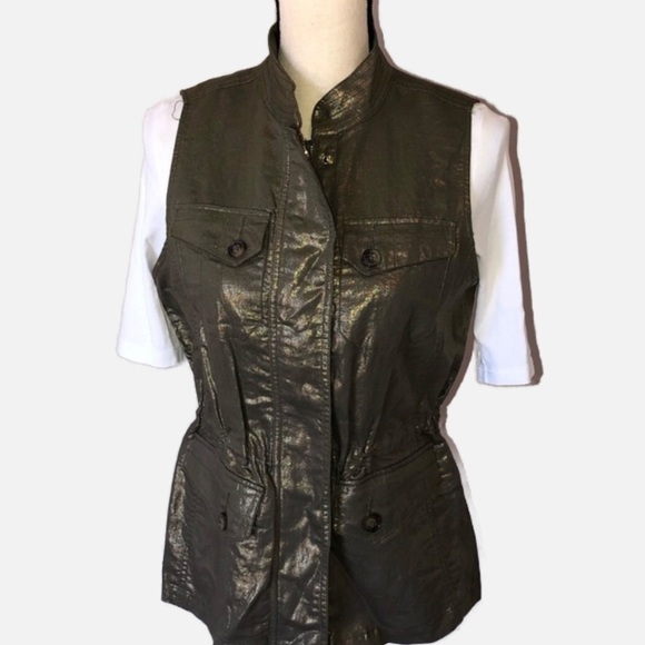 Metallic Foiled Linen Utility Cargo Vest Olive Green Gold Size 0 Small 4 - Picture 2 of 10
